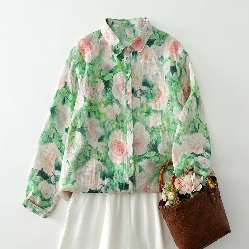 Autumn Winter New Style Artistic Retro Printed Polyester Long Sleeve Women's Shirt Loose Mom's Cardigan Thin Casual Wear
