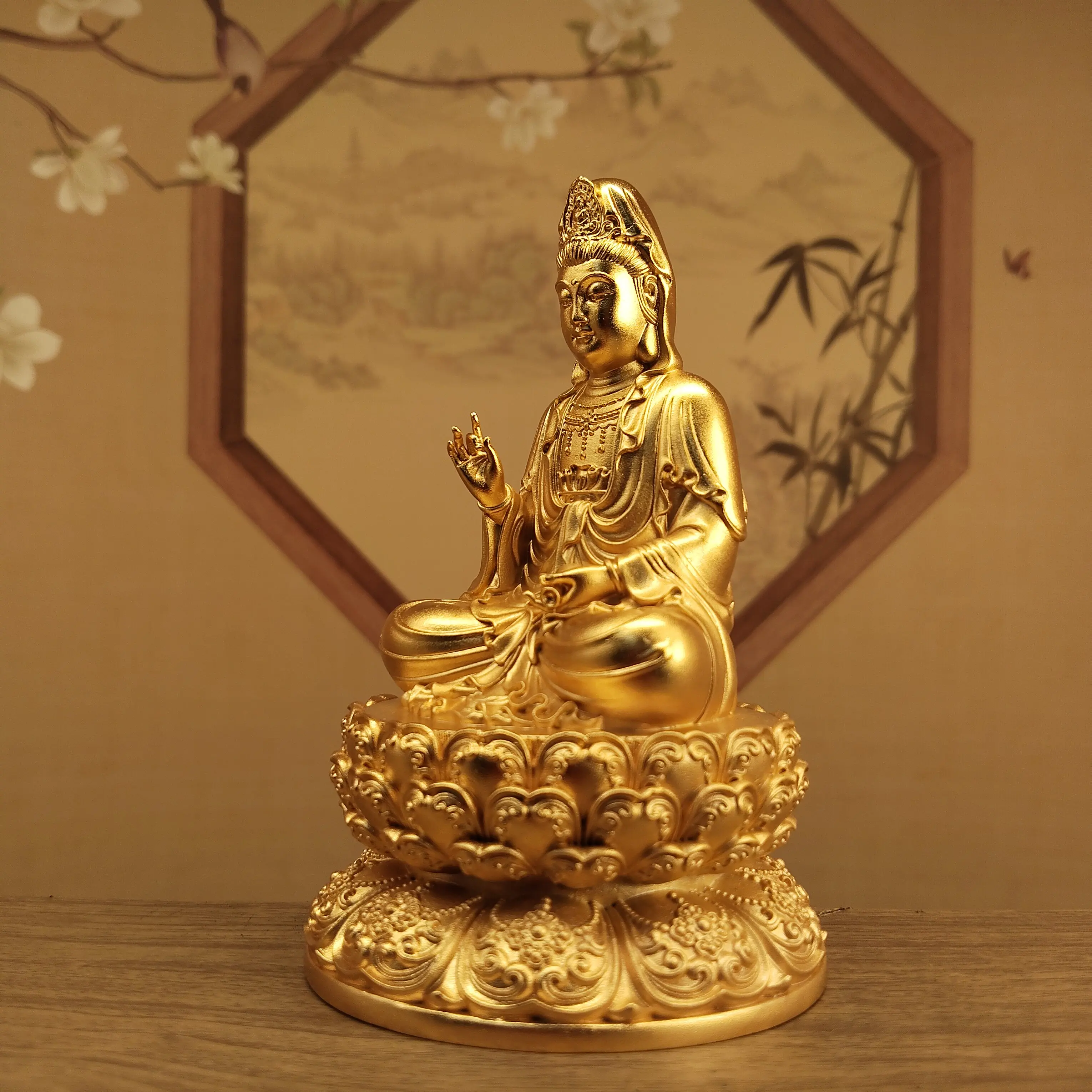 Chinese Gold-Plated Seated Lotus Guanyin Bodhisattva Statue 10cm Home Altar Blessing