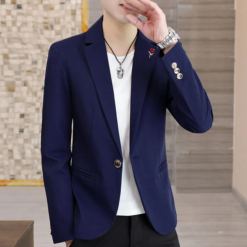 

Spring Autumn Men's Slim Fit Casual Suit Single Piece Top Youth Faionable Polyester Fiber Anti-Wrinkle Long Sve Suit