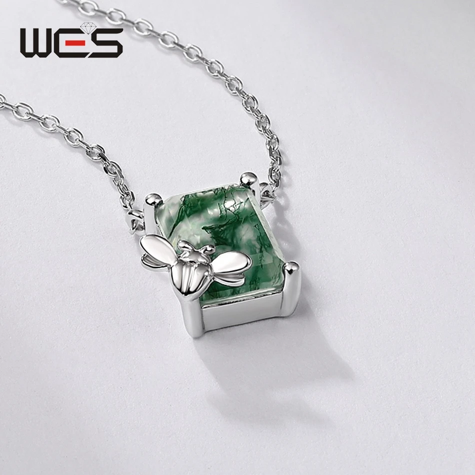 WES 925 Sterling Silver Natural Moss Agate 7*10mm Necklace for Woman Bee Design Certified Jewelry Anniversary Valentine Gifts