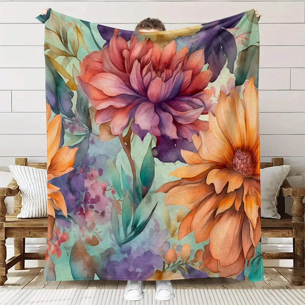 1pc Comfortable Floral Pattern Flannel Blanket | Soft High-Definition Digital Print, Cooling, All-Season Use, Polyester