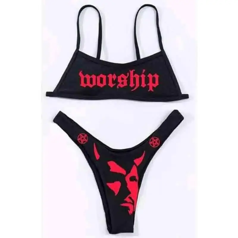 New Sexy Goth Emo Bikini Women Two-piece Skull Print Bikini Suit Split Bathing Suit High Waist Gothic Swimsuit Strap Beach Wear