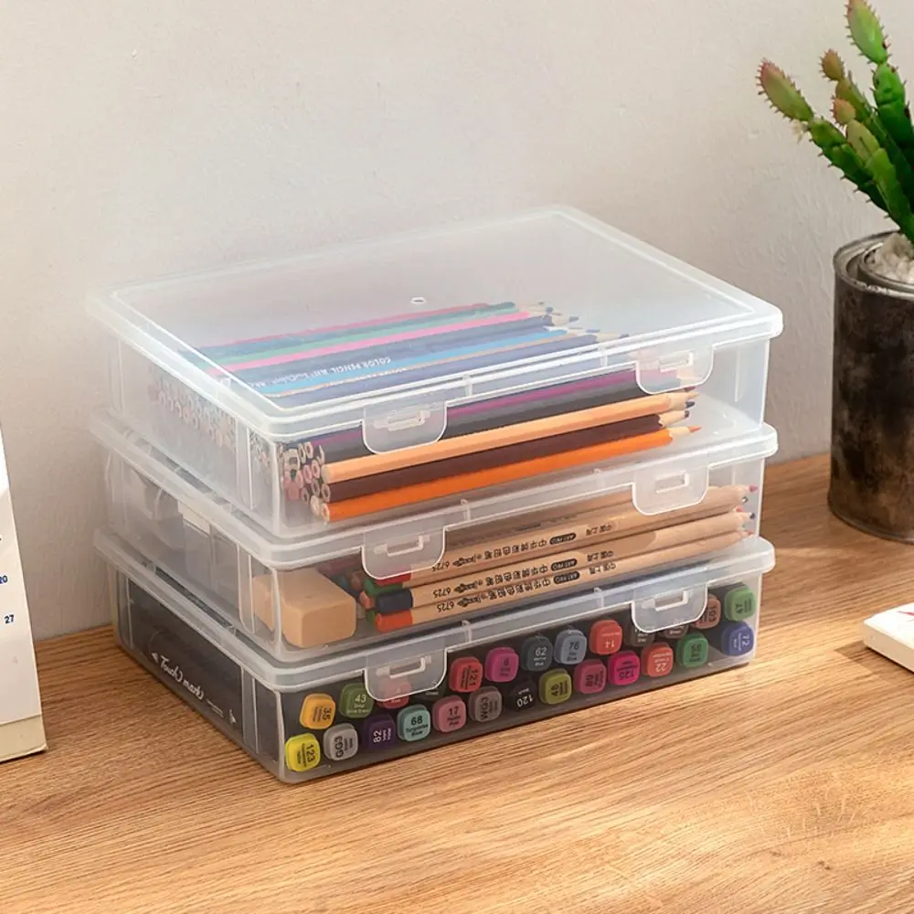 Multifunctional With Buckled Pencil Box Transparent Dustproof Pen Pencil Case Plastic Waterproof Desktop Storage Box Mark Pens