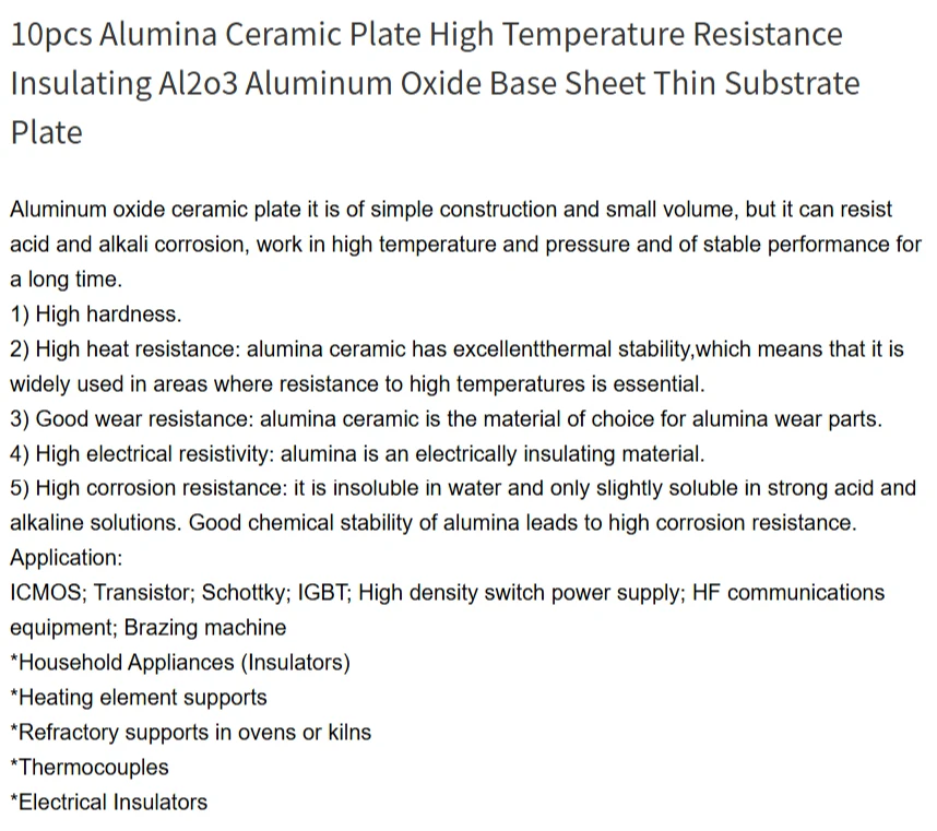 10Pcs Alumina Ceramic Plate Al2O3 Base Sheet, High Temp Insulating Thin Ceramic Substrate Industrial Replacement Parts