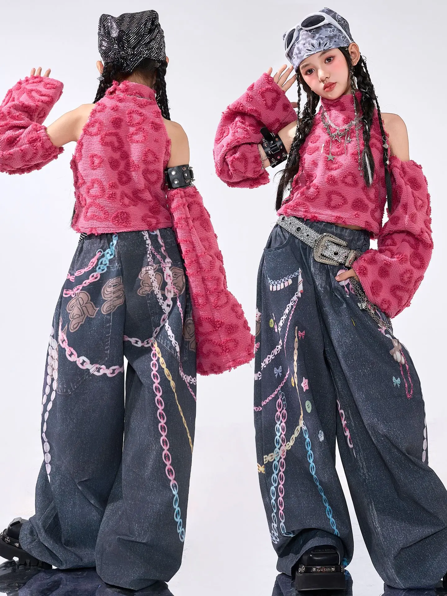 طفل Kpop الهيب هوب الملابس الوردي الصوف وهمية الرقبة المحاصيل تانك رمادي عادية طباعة فضفاض الجينز السراويل للفتيات أزياء رقص الملابس
