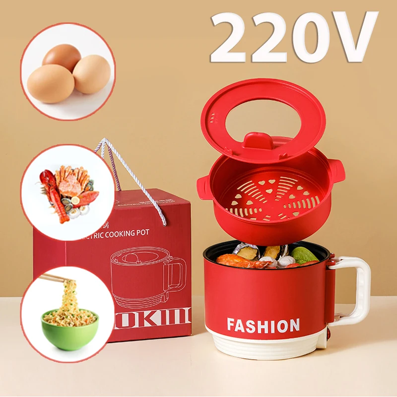 Olla caliente de 220V con vaporizador, olla de Cocina eléctrica Ramen portátil de 1,6 L, sartén antiadherente para carne, huevos, arroz, sopa, utensilios