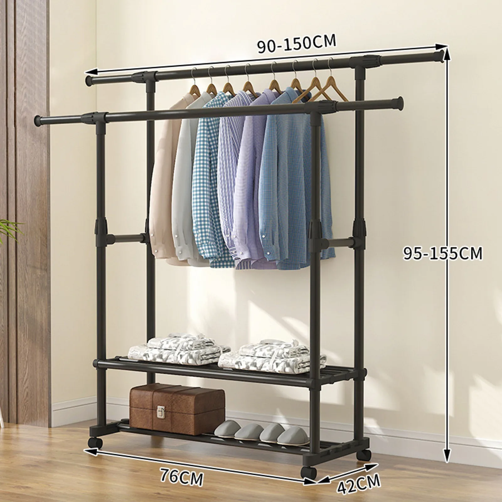 Movable clothes hanger with wheels, simple double-pole indoor balcony clothes hanger, floor-standing retractable foldable clothe