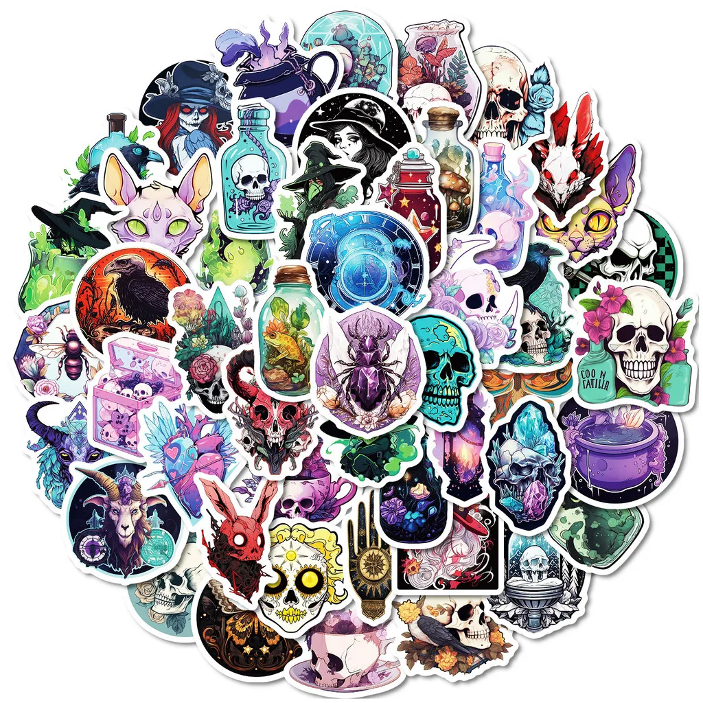 50 قطعة الساحرة السحرية القوطية الجمجمة الكتابة على الجدران ملصقات للدراجات حساب اليد مقلمة الشارات (متجر عوالم أنيمي)