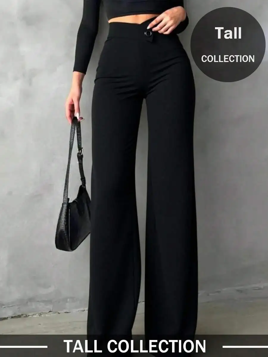 

Женские брюки с высокой талией и широкими штанинами, однотонные черные, из эластичной ткани, для офиса и повседневной носки