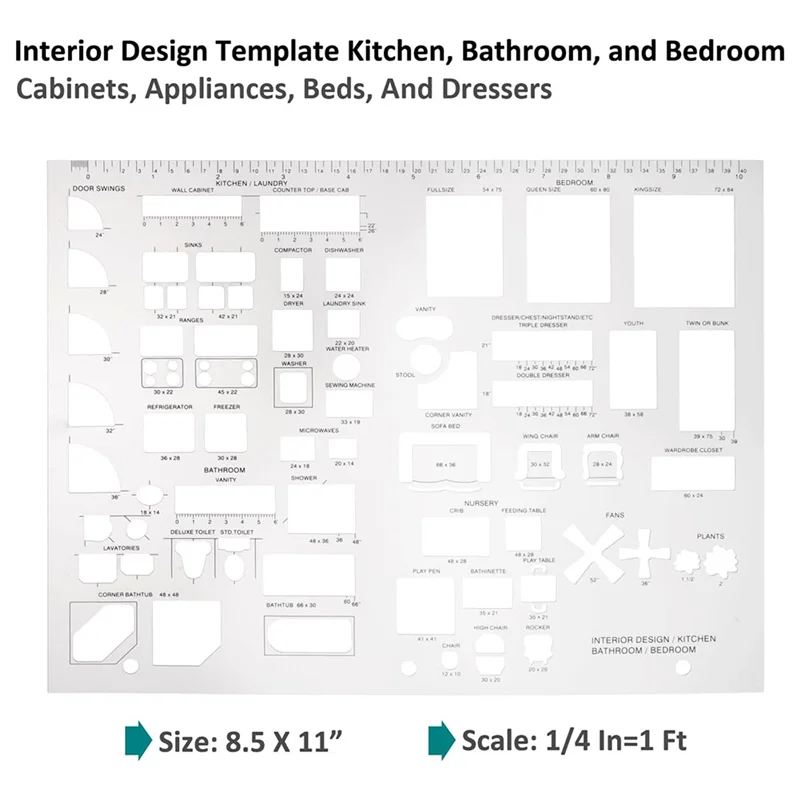 T98C-Drafting Tools And Ruler Shapes For Architecture - Set Of 3 For House Plan Furniture Kitchen, Building, Interior Design