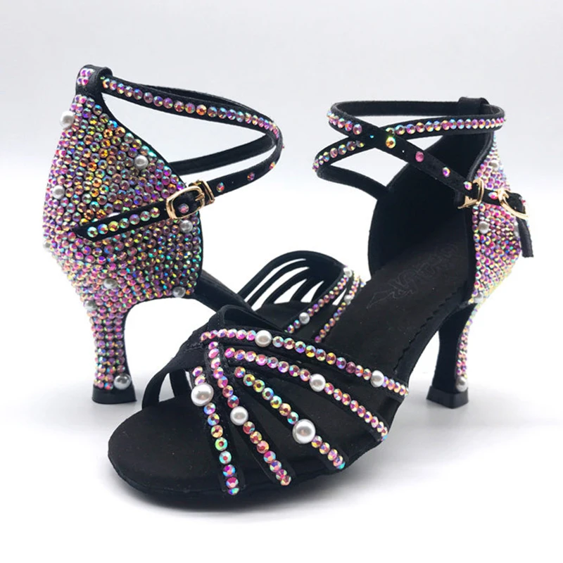 

Женская профессиональная танцевальная обувь для латинских танцев для взрослых и детей с цветными бриллиантами и жемчугом, черная, для бассейна, самбы, ча, танго