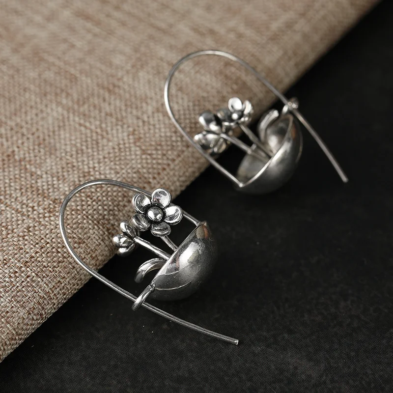 Ethnic Style Tribal Retro Flower Basket Pendant Earrings Women's Silver Plated Hook Earrings Casual Jewelry Gifts