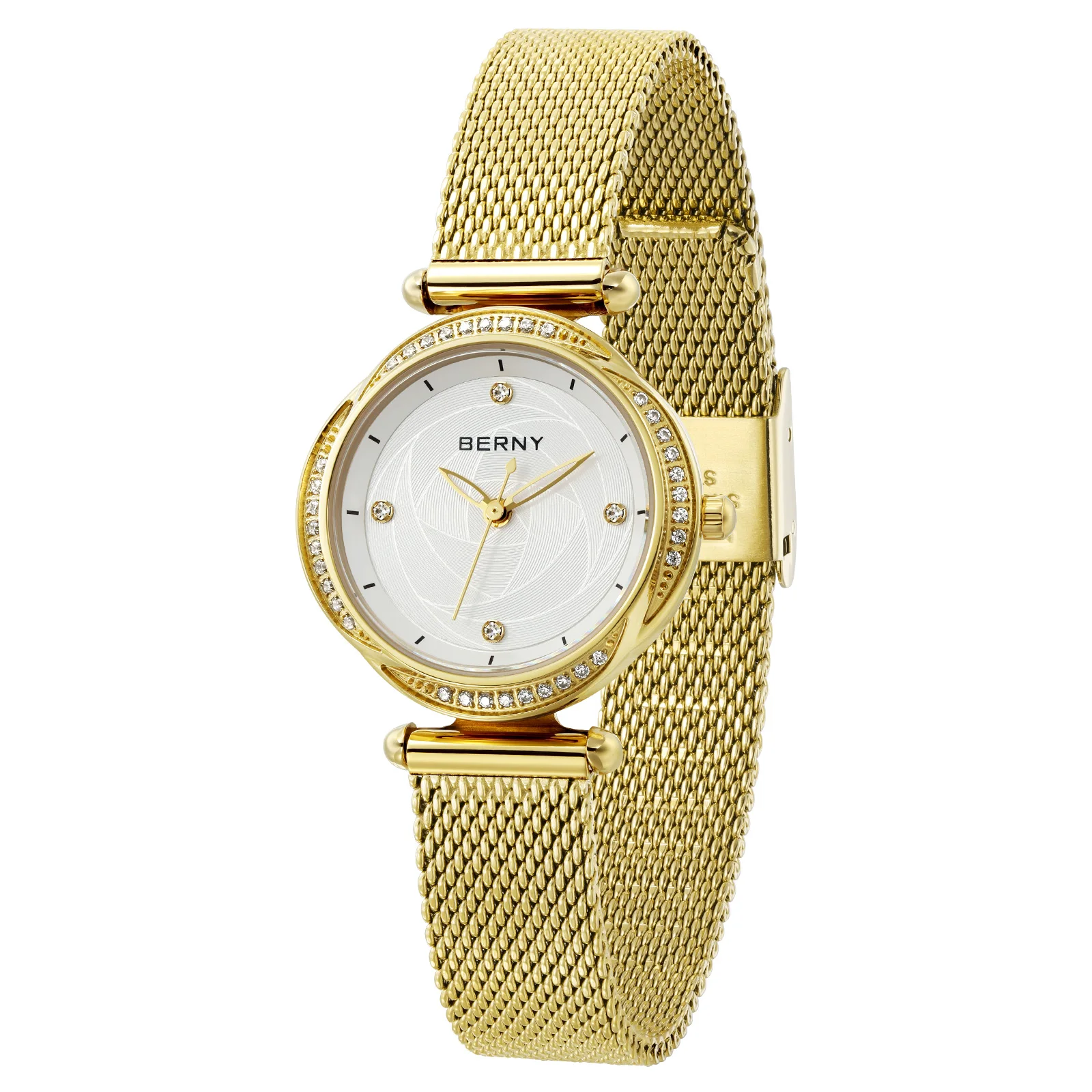 BERNY Quartz Gold Women's Watch Exquisite Sapphire Lens Waterproof Stainless Steel Mesh Strap Luxury Diamond Women Wristwatch