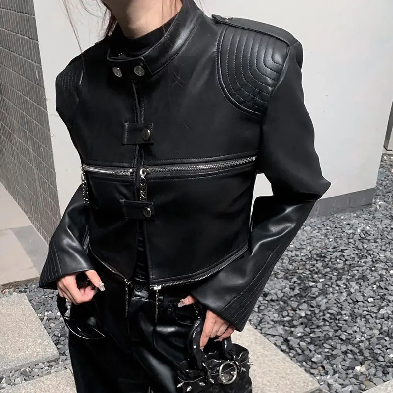 

European and American heavy industry multi zipper design spider web shoulder pad leather jacket for women 2024 new jacket top