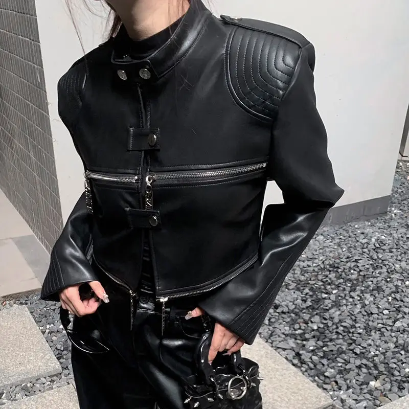 European and American heavy industry multi zipper design spider web shoulder pad leather jacket for women 2024 new jacket top