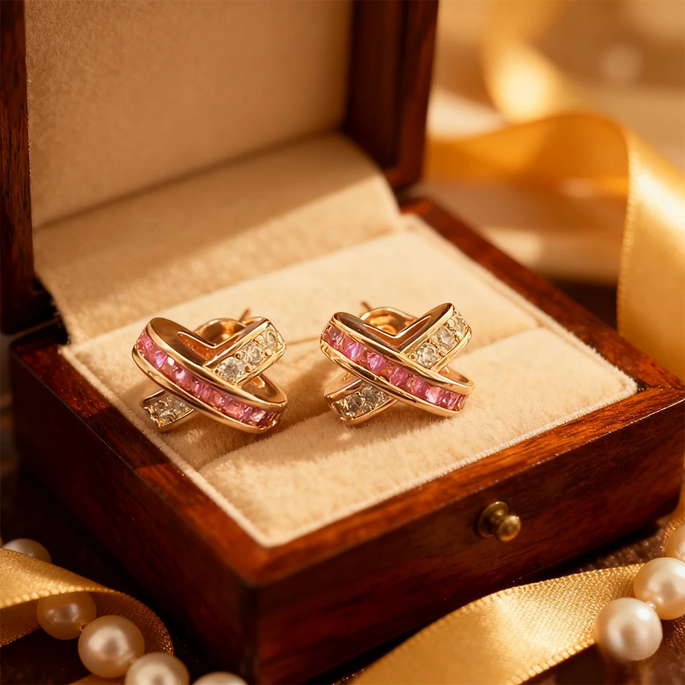 

2025 Trendy Jewelry Pink Diamond White Diamond Cross Earrings Fashionable, Versatile, High Luxury Style