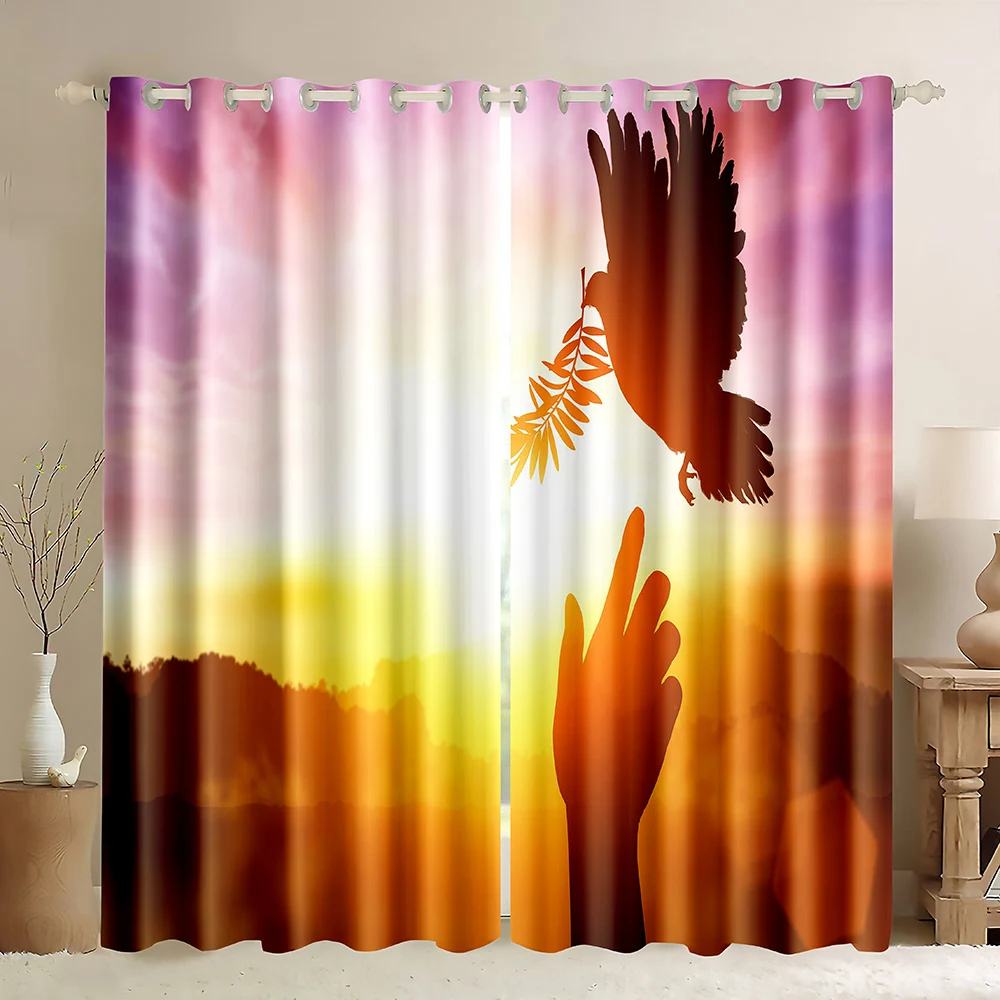 Peace Sign Window Curtains,Sunrise Peace Sign Dove Silhouette,Universal Peace Sign on Pop Art Style Background Blackout Curtains