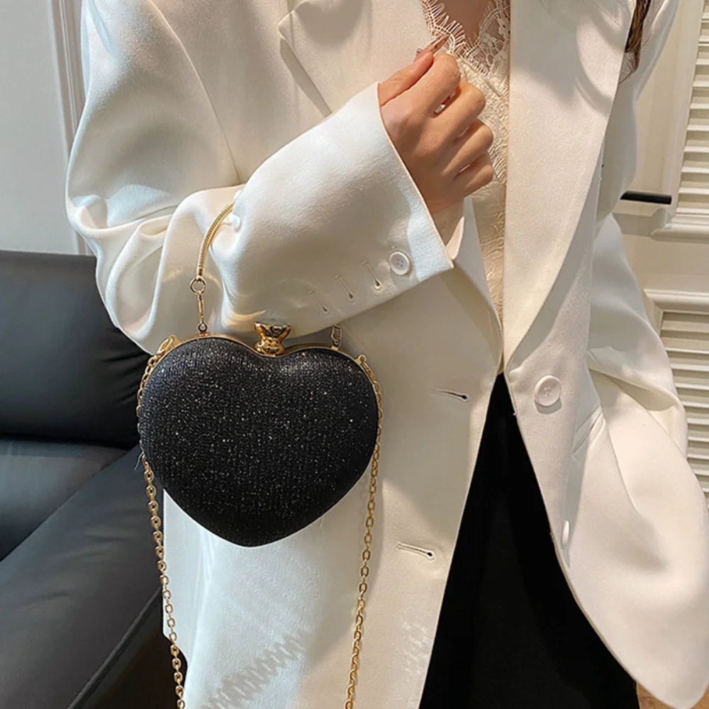 

Evening Clutch Bag Women Bag Shiny Handbag Heart Shape Metal Clutches Fashion Chain Shoulder Crossbody Luxury Lady Purse