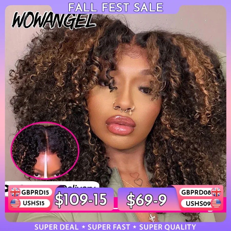 WOWANGEL 250 % verworrene lockige leimlose Perücken 1B/27 Highlight farbige Perücken 5X5 HD Spitzenverschluss Echthaarperücken vorgezupft für Frauen