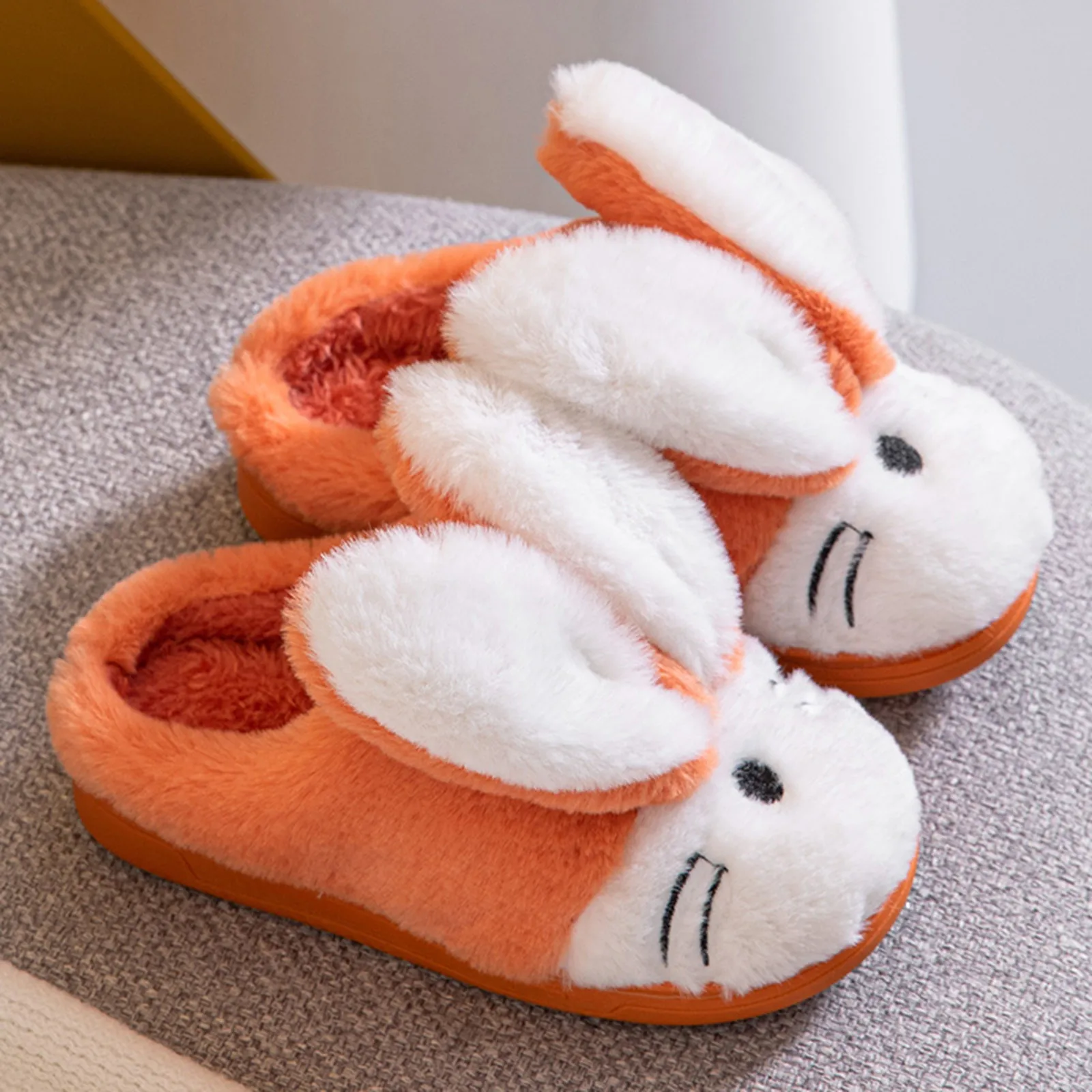 New Winter Cute Rabbit Cartoon Warm Cotton Slippers Children Baby Girls Indoor Floor Flat Non-Slip Cover Heel Home Plush Shoes