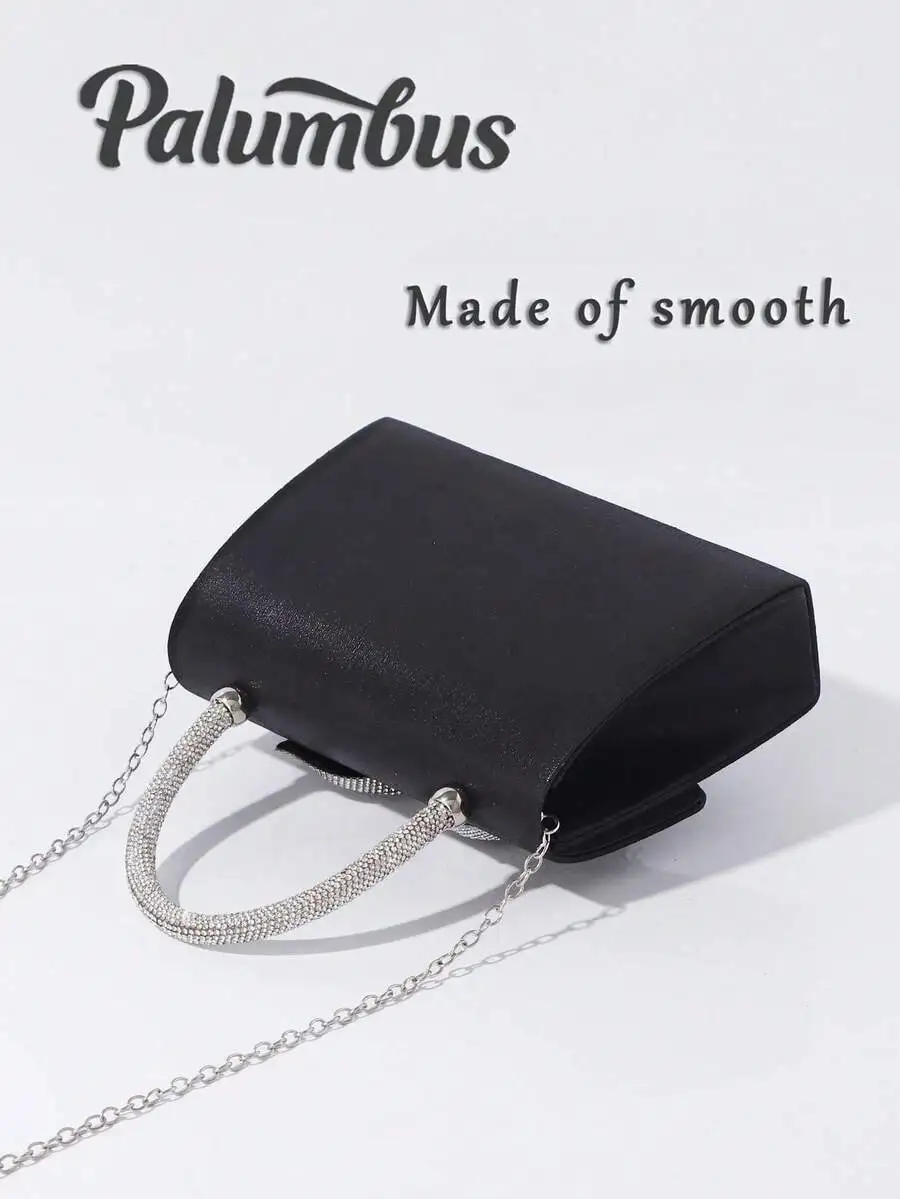 Elegant Black Satin Flap Clutch With Sparkling Rhinestone Bow, Chain Strap Evening Bag For Wedding Party Banquet