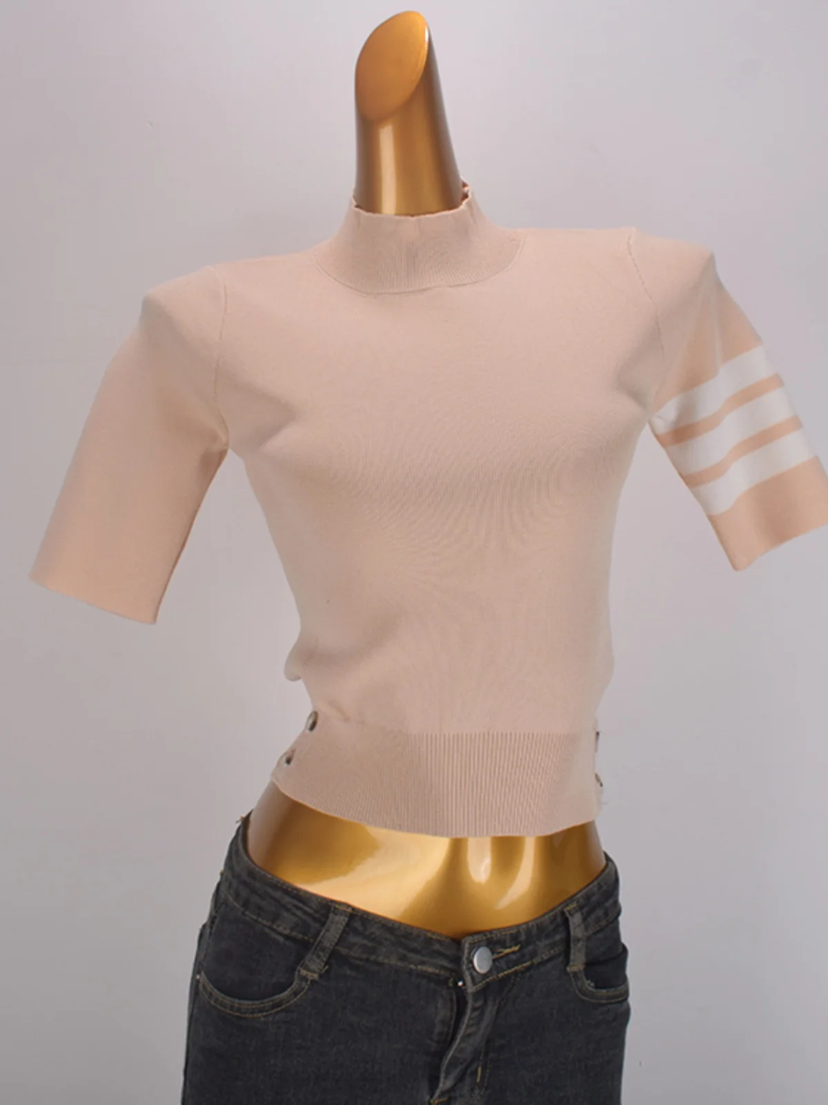 

Dongda Gate Color Blo ort Sve Knitted Top Women's Spring Summer Slim Fit Waist Cinched f High Collar ort Length