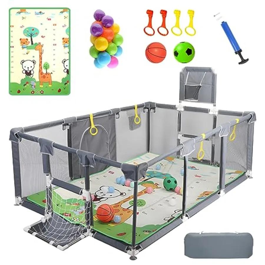 

Upgraded Playpen with Enhanced Thick Foldable Mat Balls 4 Rings Storage Bag Basketball Hoop and Soccer Nets - Play Yard - Sport