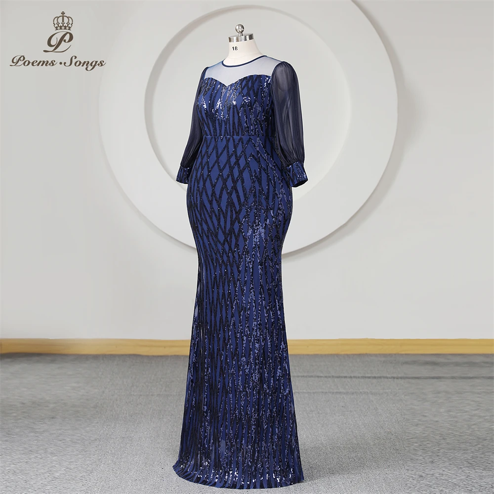 Royal Blue Sequins Trumpet Evening Dress Long Sleeves Mermaid Sheer Neck Plus Size Women Prom Dresses Party Formal Maxi dress