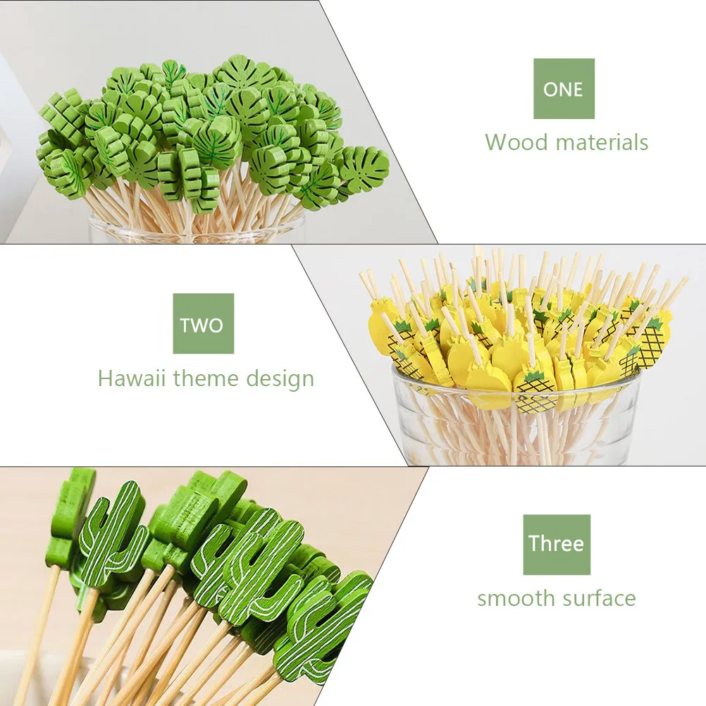100Pcs Wooden Cocktail Toothpicks Hawaiian Flamingo Pineapple Cactus Design Fruit Skewers for Drinks Appetizers Parties Food view 4