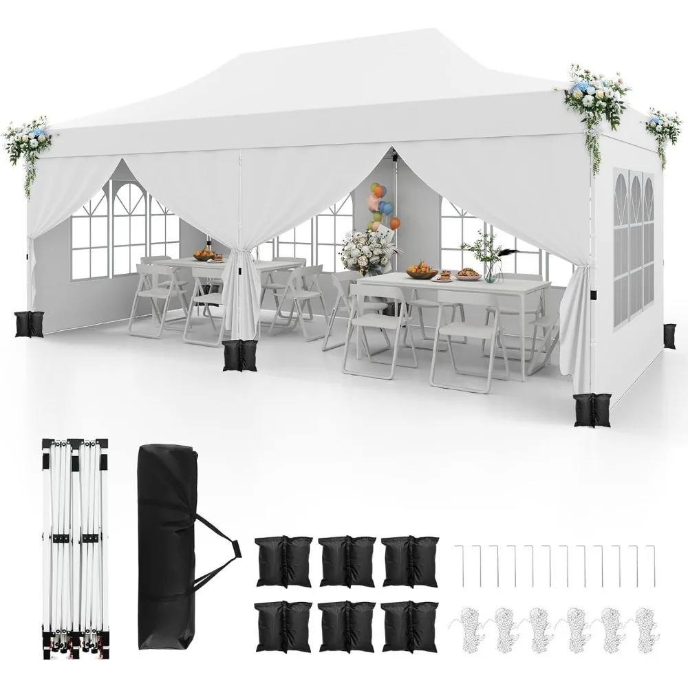 

10x20 Ft Pop Up Canopy, UPF 50+ Portable Outdoor Canopy Tent with with 6 Removable Sidewalls, 6 Sandbags, 2 Zippered Door, Wind