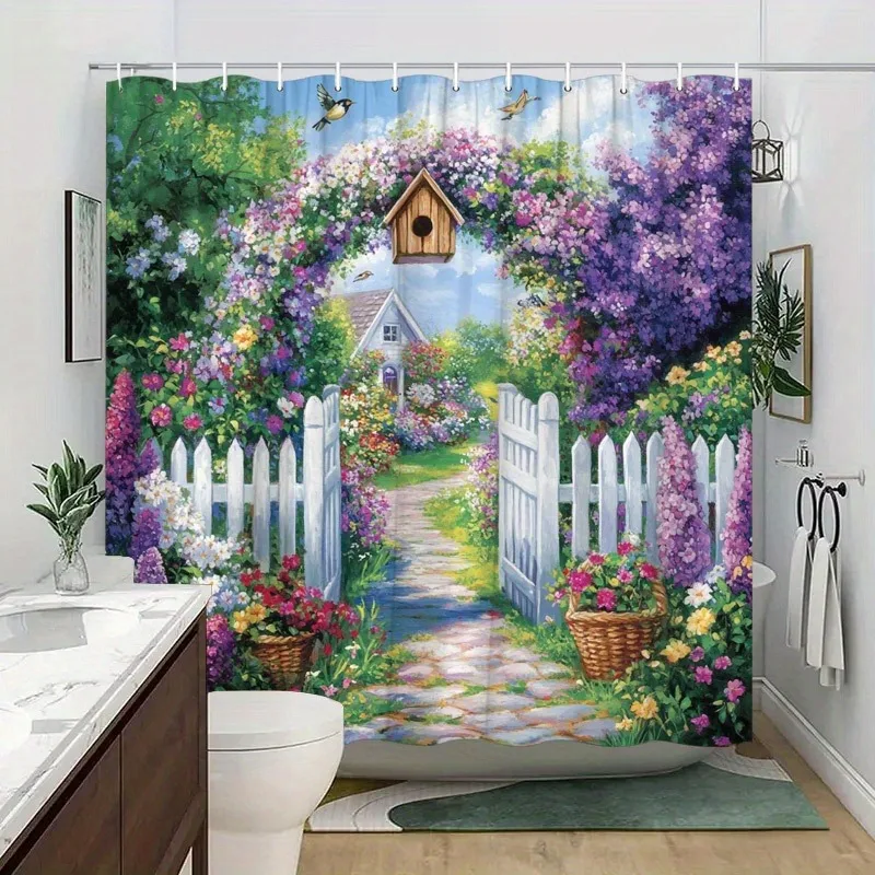開花する花の庭の小道シャワーカーテン洗える汚れに強いシャワーヘッド防水ポリエステルバスカーテン家の装飾用