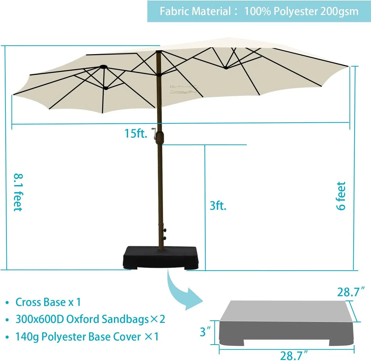 15 ft. Double Sided Patio Umbrella Dining Table Outdoor Market Umbrella with Base Stand - Beige Color