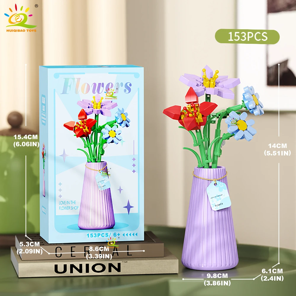 HUIQIBAO MOC Eeuwig Bloemboeket met pot Micro Bouwsteen Zonnebloem Rose Mini Model Baksteen Speelgoed thuis Bureau Decoratie