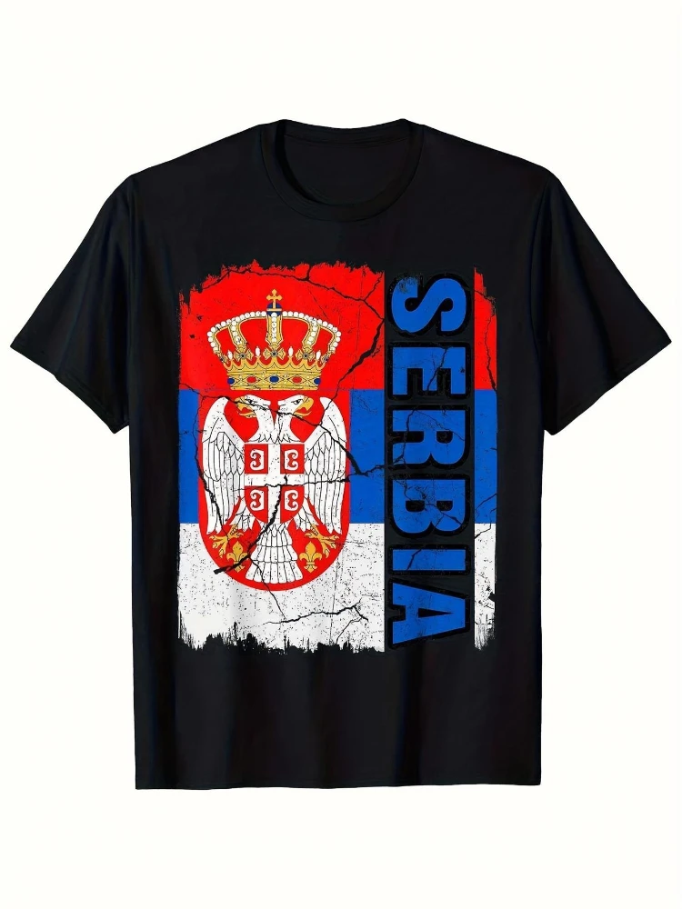 Serbian Flag&Double-Headed Eagle Emblem with Serbia Map& Cyrillic/Slovak Lettering-100% cottonO-neck printed men's T-shirt.