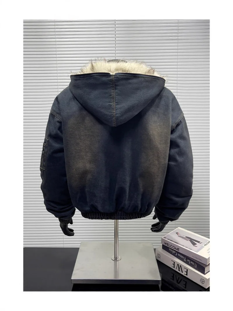 Men's Vintage Washed Denim Jacket with Faux Fur Hood Oversized Warm Bomber Coat Casual Streetwear Workwear Overcoat Outerwear