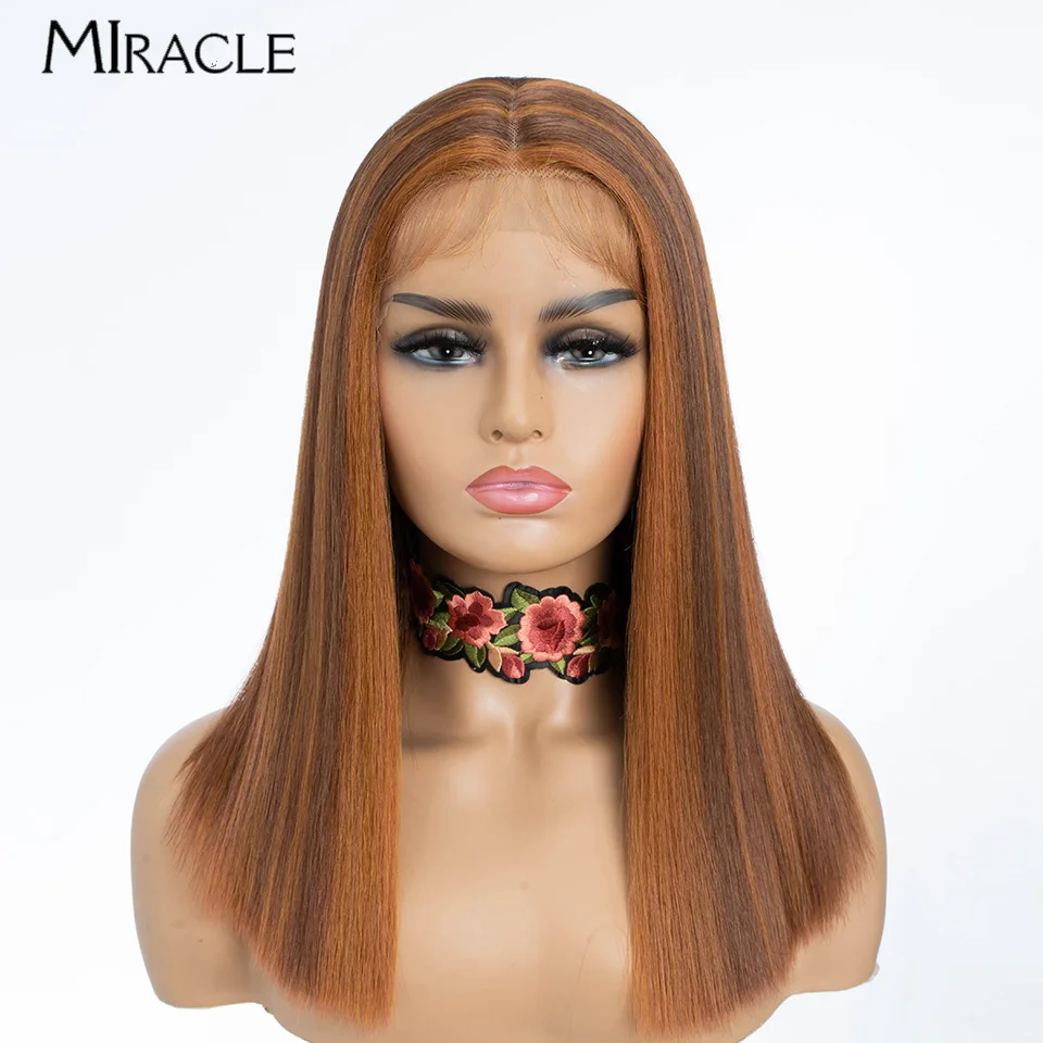 

MIRACLE 14'' Straight Lace Wig for Women Synthetic Lace Front Wig Brown Ombre Blonde Fake Hair for Cosplay Daily Heat Resistant