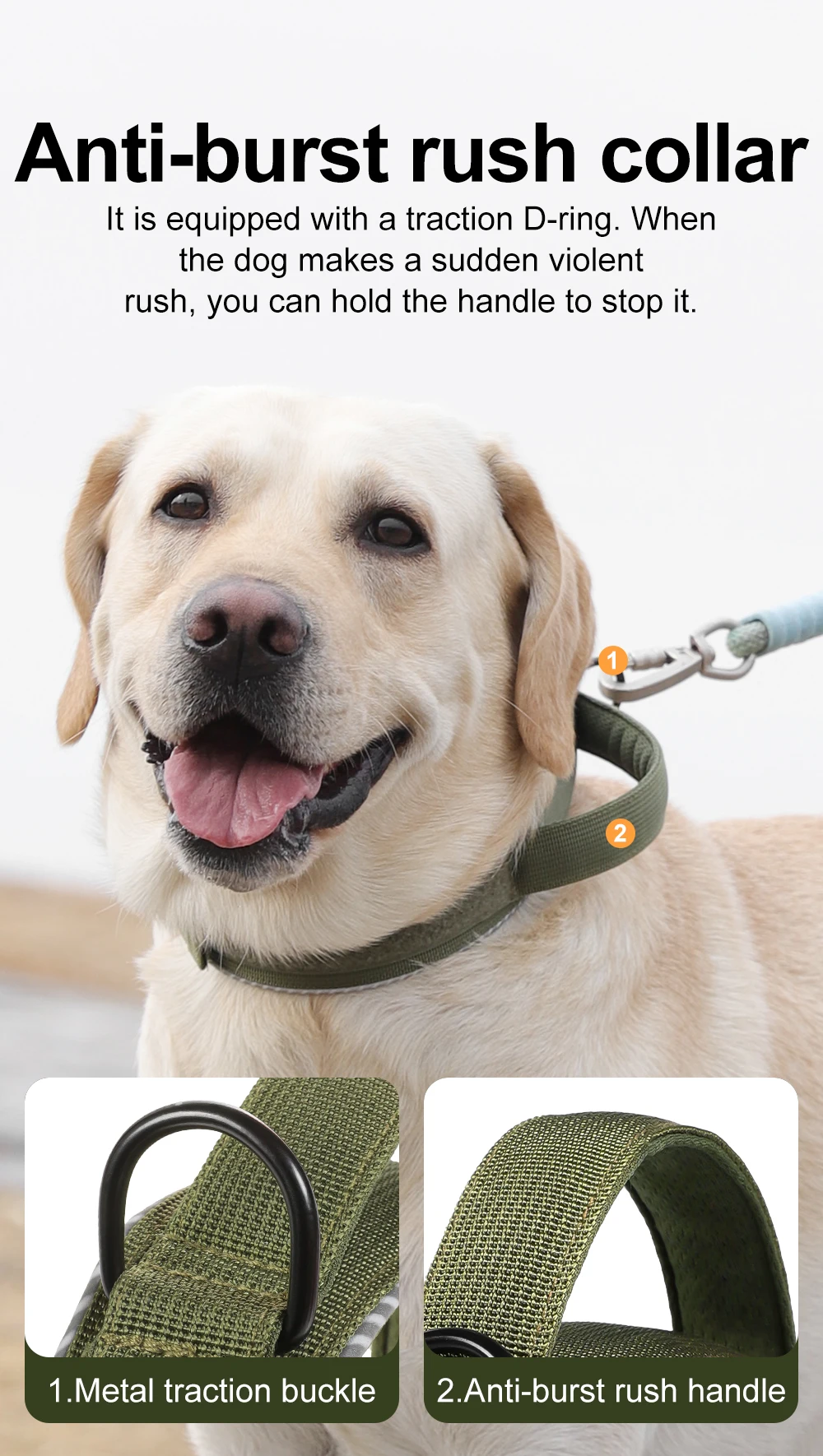 Taktisches Hundehalsband, verstellbares Hundehalsband für mittelgroße und große Hunde, Golden Retriever-Halsband mit Kontrollgriff, hochwertige Schnalle. – Detail 10