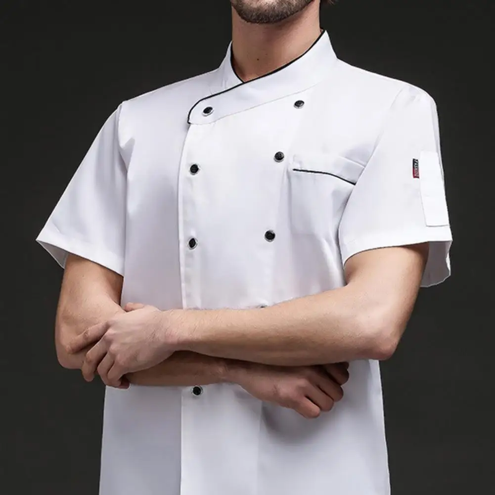 Chaqueta de Chef Unisex, abrigo de manga corta con botones, uniforme de Chef con bolsillo, ropa de cocinero, servicio de Catering, atuendo para hombre y mujer