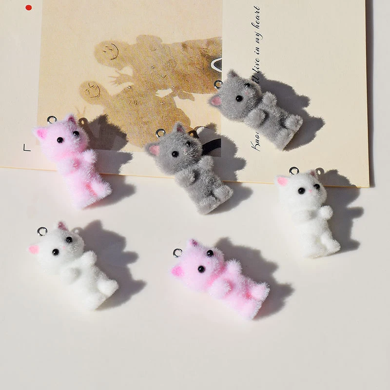 Animales flocados de dibujos animados con forma de gatos, muñecos de resina, colgante de cuentas, joyería Diy, pendiente, llavero de ropa, accesorios colgantes