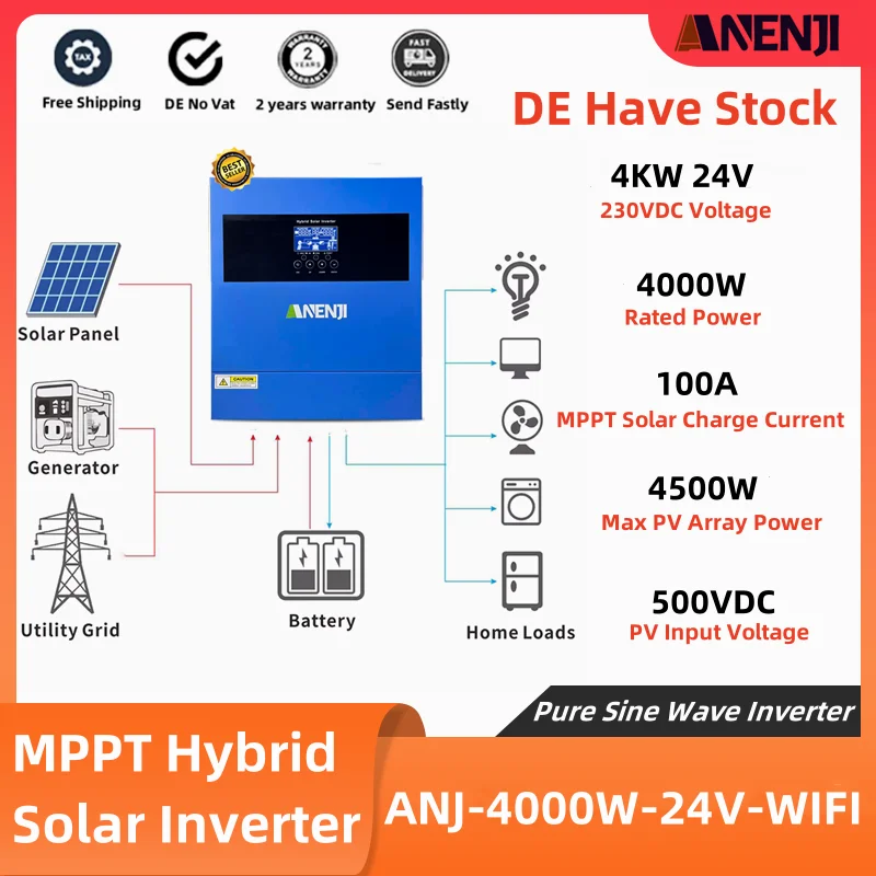 4000W Hybrid solar Inverter 24V Pure Sine Wave 230VAC Max PV 60-500V Build 100A MPPT Solar Charger Controller For Solar Panel