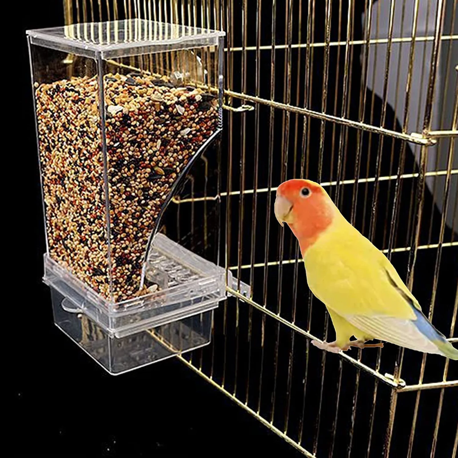 Automatic Bird Feeder Acrylic Parrot Seed Food Container Bird Cage Accessories for Parakeet Canary Cockatiel Bird Feeding Device