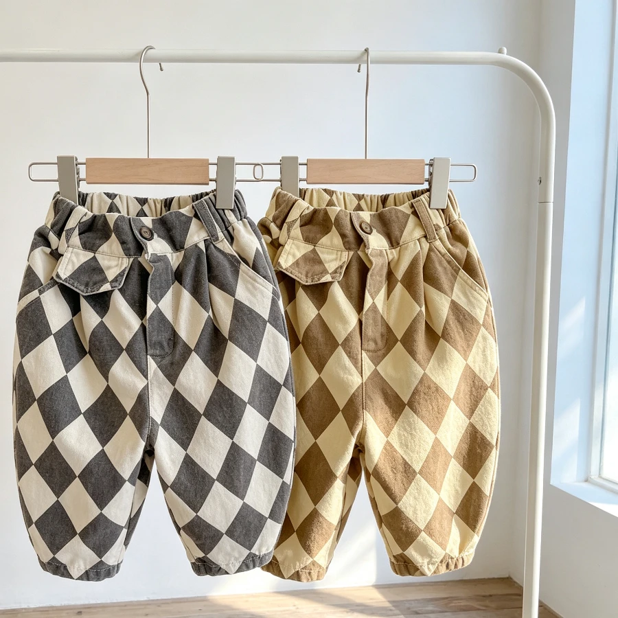 Kids Retro Argyle Pants Loose Straight Trousers with Flap Pocket Boys Girls Diamond Check Casual Bottoms Autumn Spring Outfit