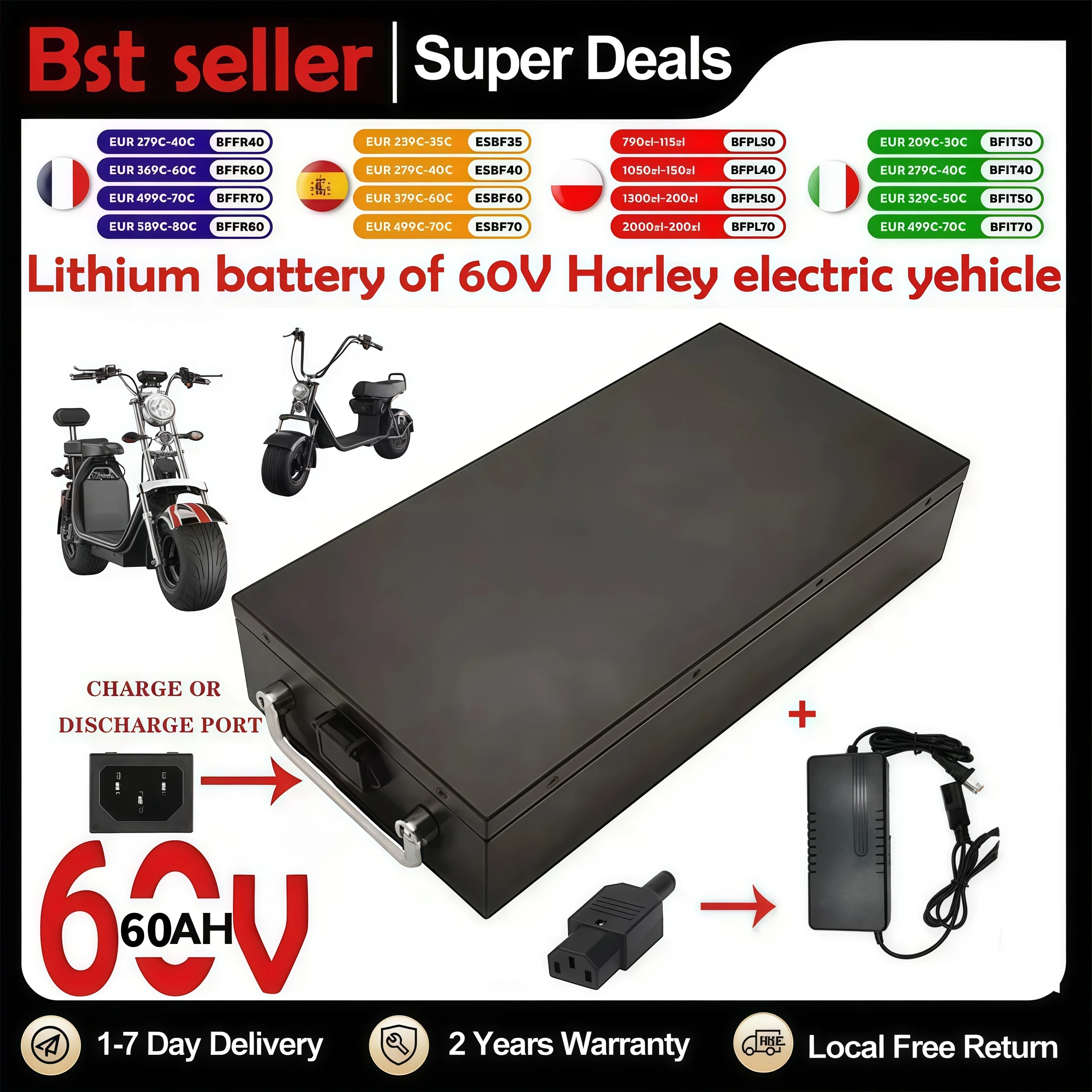LIDIKALA 60V 20Ah-60Ah Hochleistungs-Lithium-Ionen-Akku mit integriertem BMS, 2000W Ersatzakku für Harley-Style Citycoco faltbaren zweirädrigen Elektroroller E-Motorrad, mit kostenlosem Ladegerät.