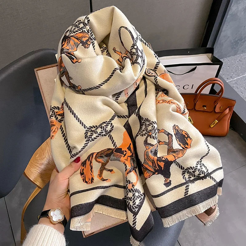 2023 Winter Cashmere Scarf Abstract Flower Tassel Blanket Thick Women Pashmina Design Warm Shawl Wrap Neckerchief  Poncho Stoles