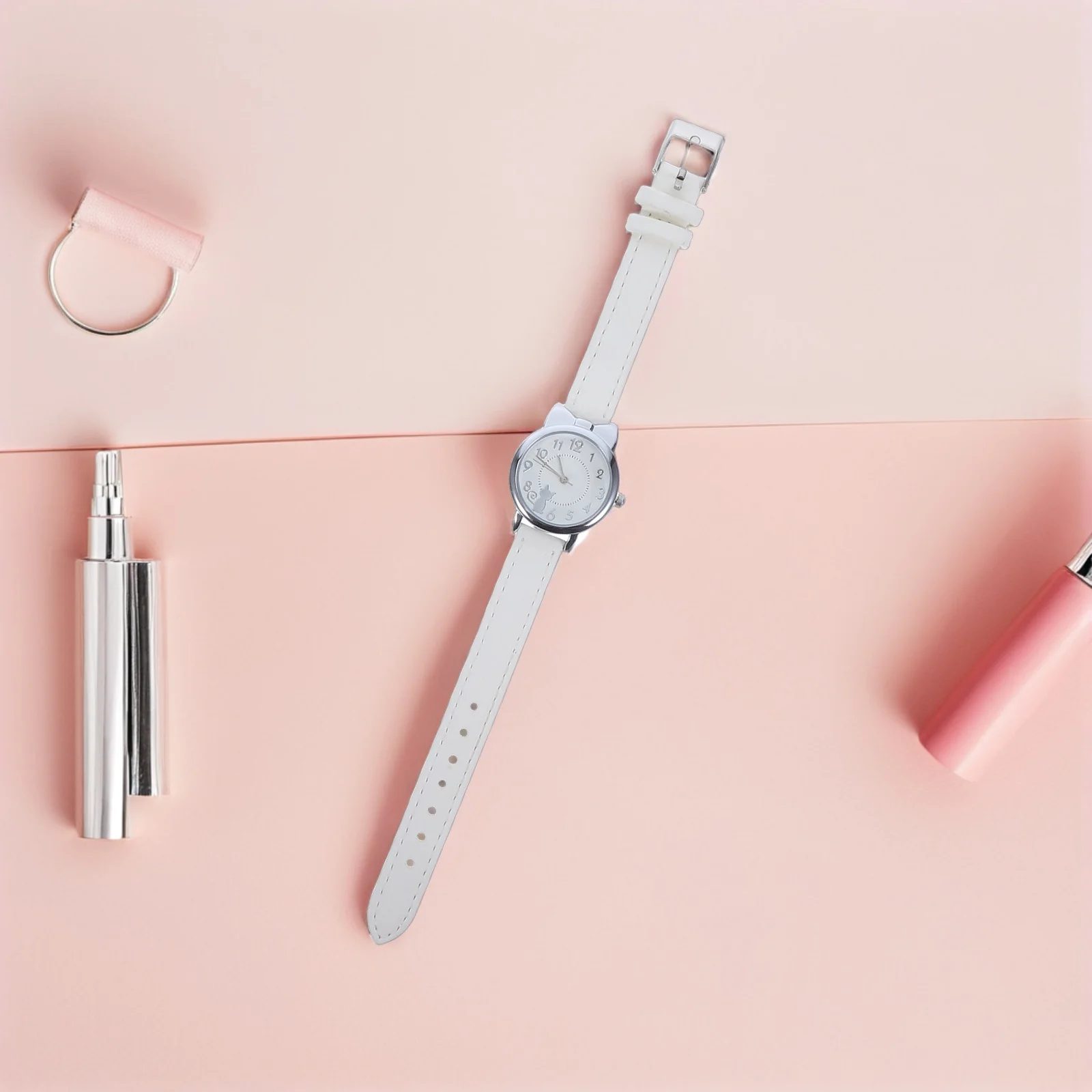 ساعة كوارتز تناظرية للطلاب، نمط قطة لطيف، وجه معدني، حزام من البولي يوريثان، ساعة يد مدرسية وقت التعلم