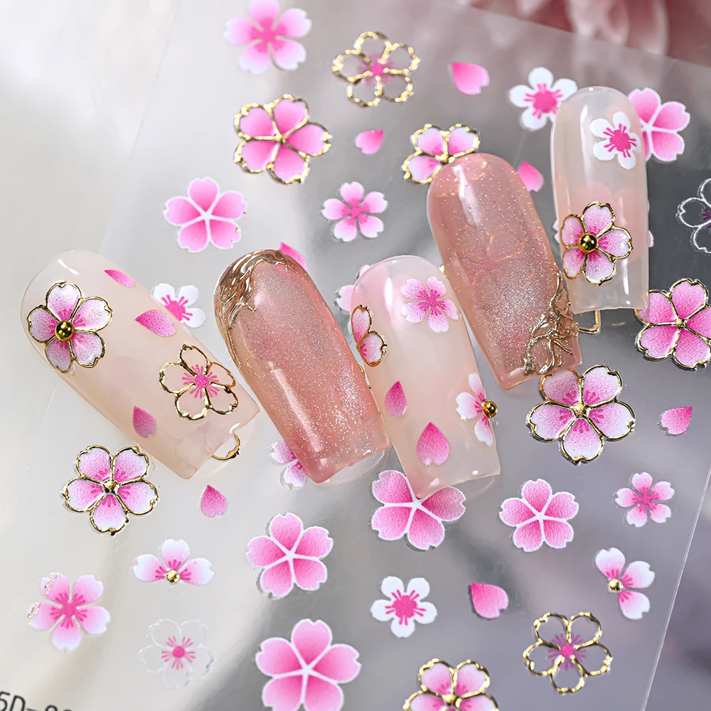 5D Soft Relief Pink Cherry Peach Blossoms Nail Sticker Gilding Gold Silver Flower Edge Nail Art Decal Spring Floral Manicure Dec
