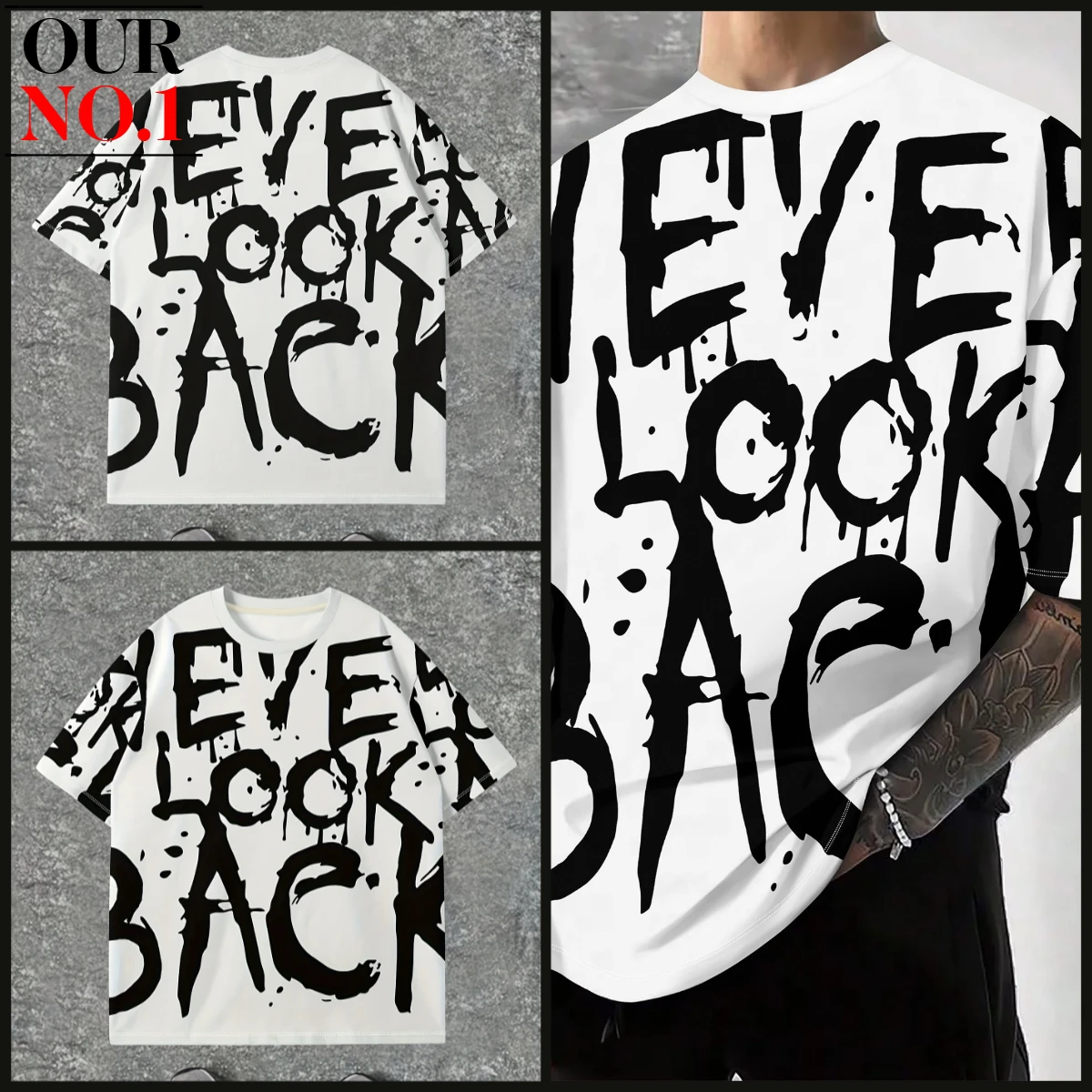 

Men'S "Never Look Back" Graphic Tee - Casual Crew Neck, Short Sleeve, White with Bold Black Print,