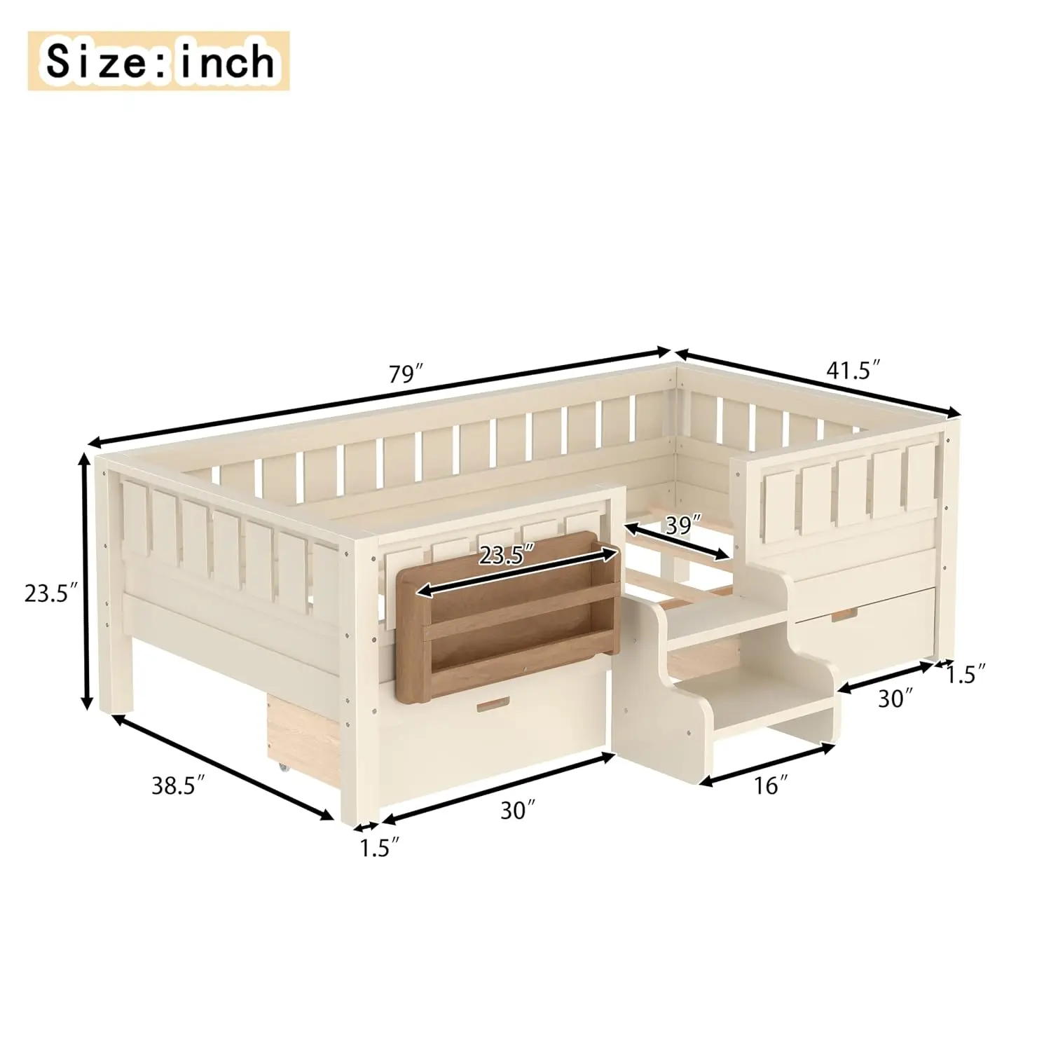 Twin Size Kids Bed with High Rails & Built-in Bookshelf & Drawers for Girls & Boys, Wood Montessori Bed, Beige, Customized