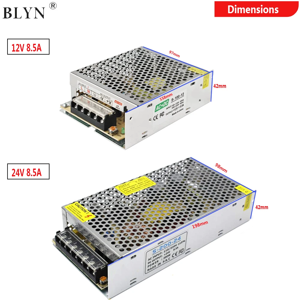 Alimentatore DC 12V 24V 8.5A 100W 200W convertitore di alimentazione adattatore di commutazione AC110-240V trasformatore di illuminazione per