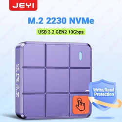 JEYI 2230 M.2 NVMe Gabinete com Controle de Toque, USB3.2 GEN2 10 Gbps PCIe SSD Case com Proteção de Escrita/Leia, Suporte UASP TRIM